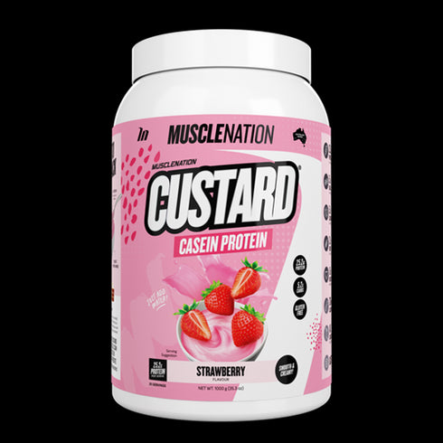 Custard Casein Protein Strawberry 1kg-MuscleNation-Matakana Pharmacy